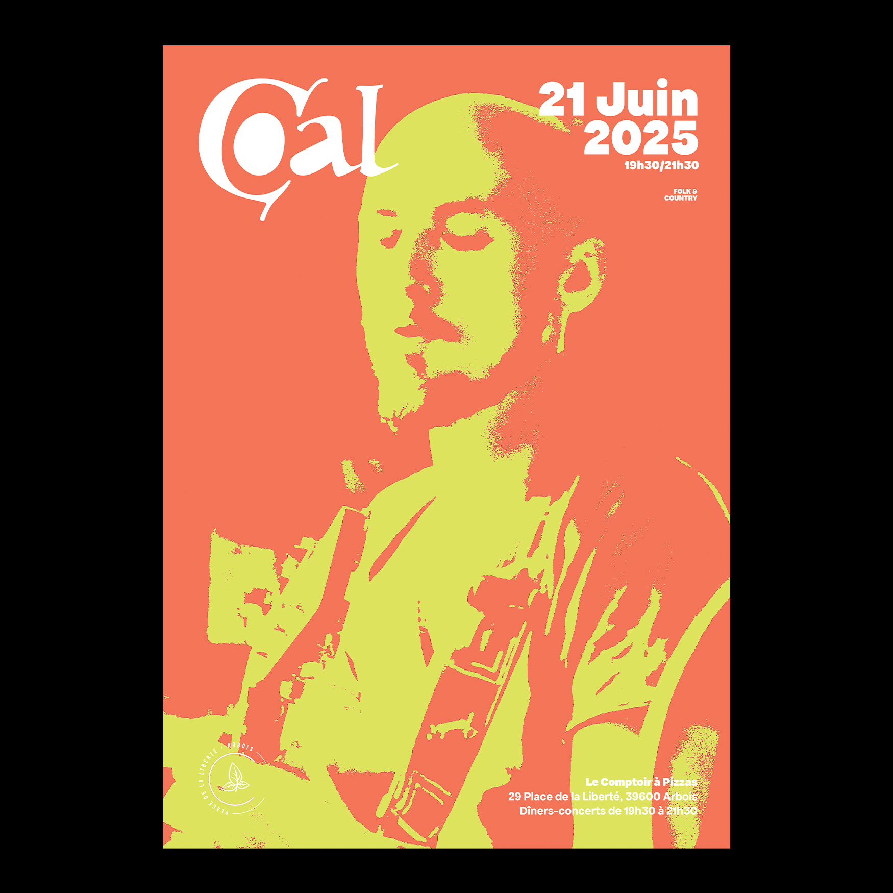 Affiche annonçant un dîner concert à Arbois pour la Fête de la Musique, avec guitare folk, chant en live et repas en terrasse. Une soirée organisée par le Comptoir à pizzas.